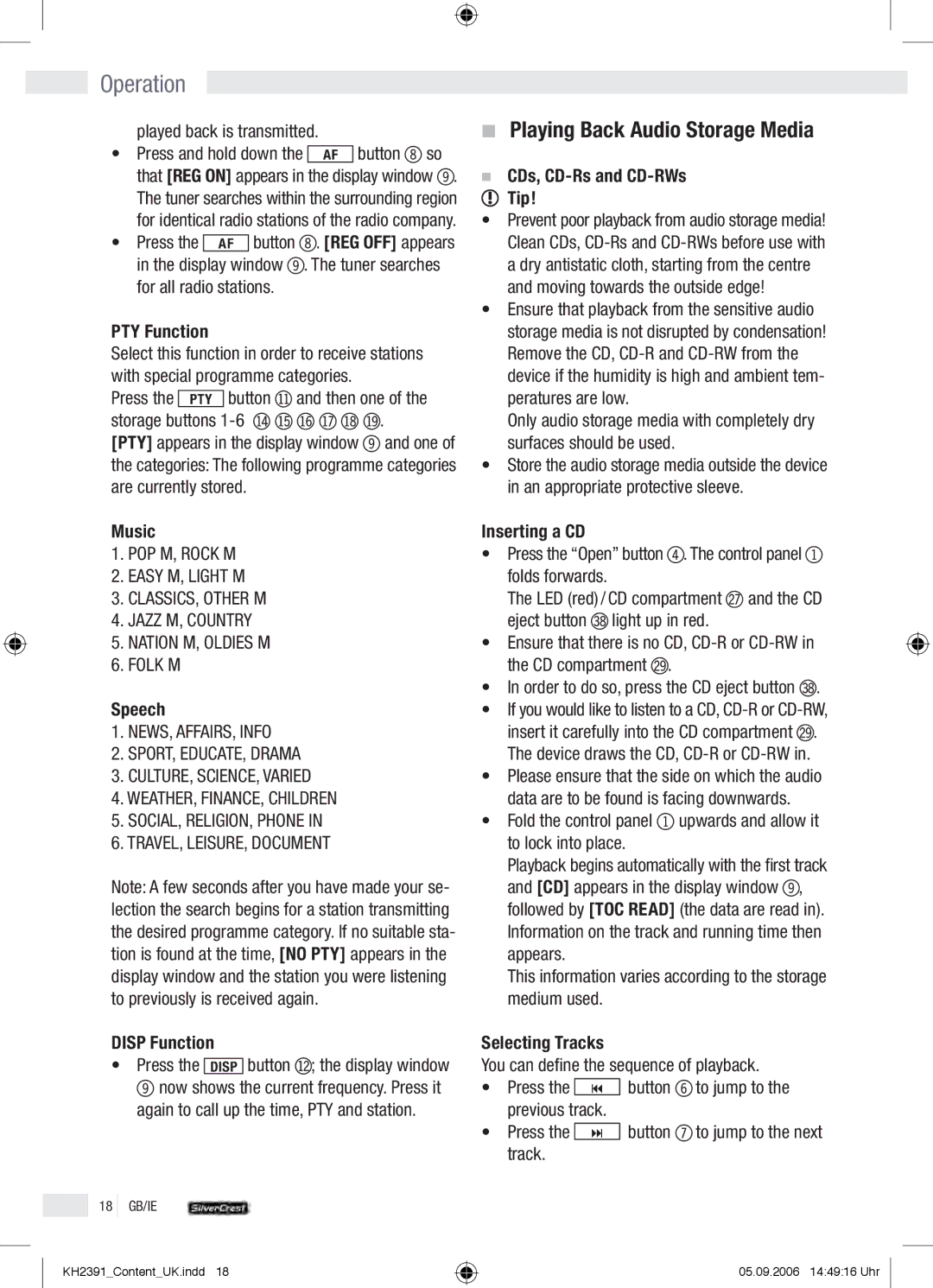 Kompernass KH 2391 operation manual Operation , Playing Back Audio Storage Media 